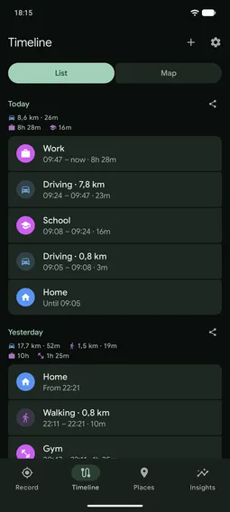 Timeline of trips and stays, grouped by day